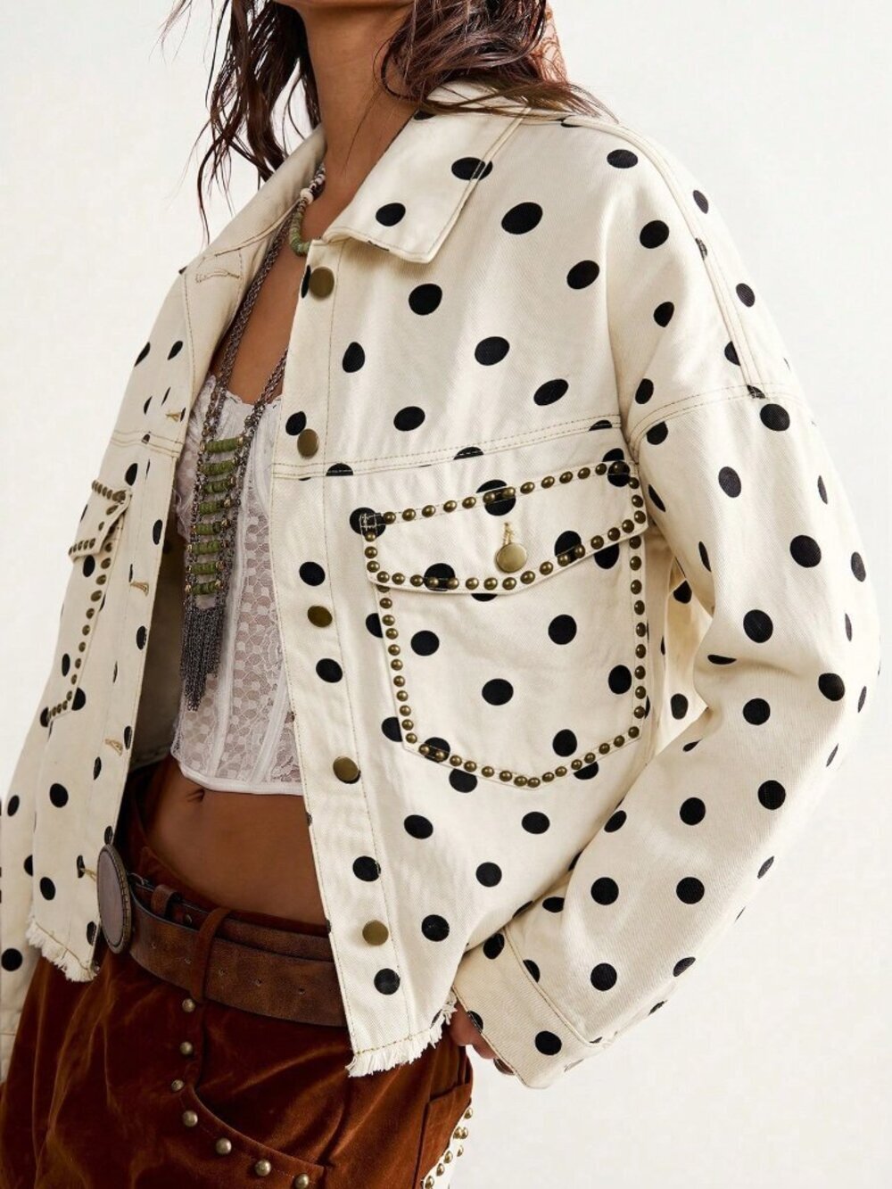 White Casual Women's Woven Polka Dot Patchwork Loose Fit Jacket - Picture 4 of 7
